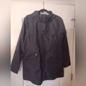 Athleta black coat w/ zipper, magnetic buttons, hood size large